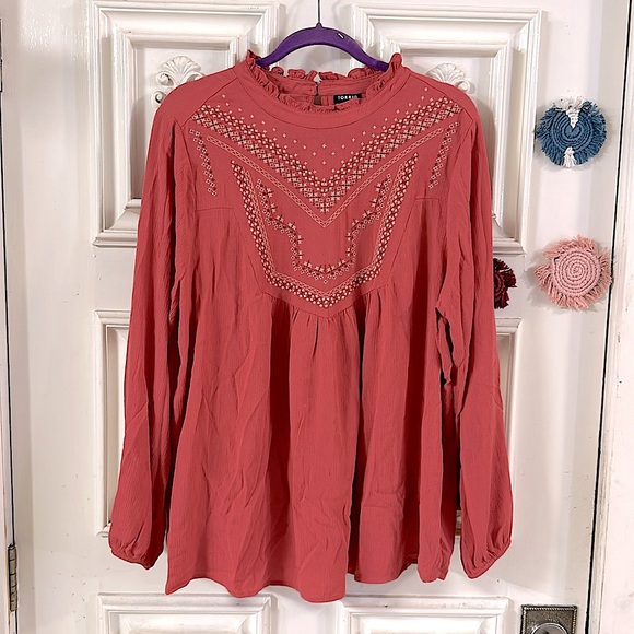 Sweet Bohemian Torrid Floral Embroidery Long-Sleeved Breezy Ruffled Neck Blouse - Picture 5 of 16